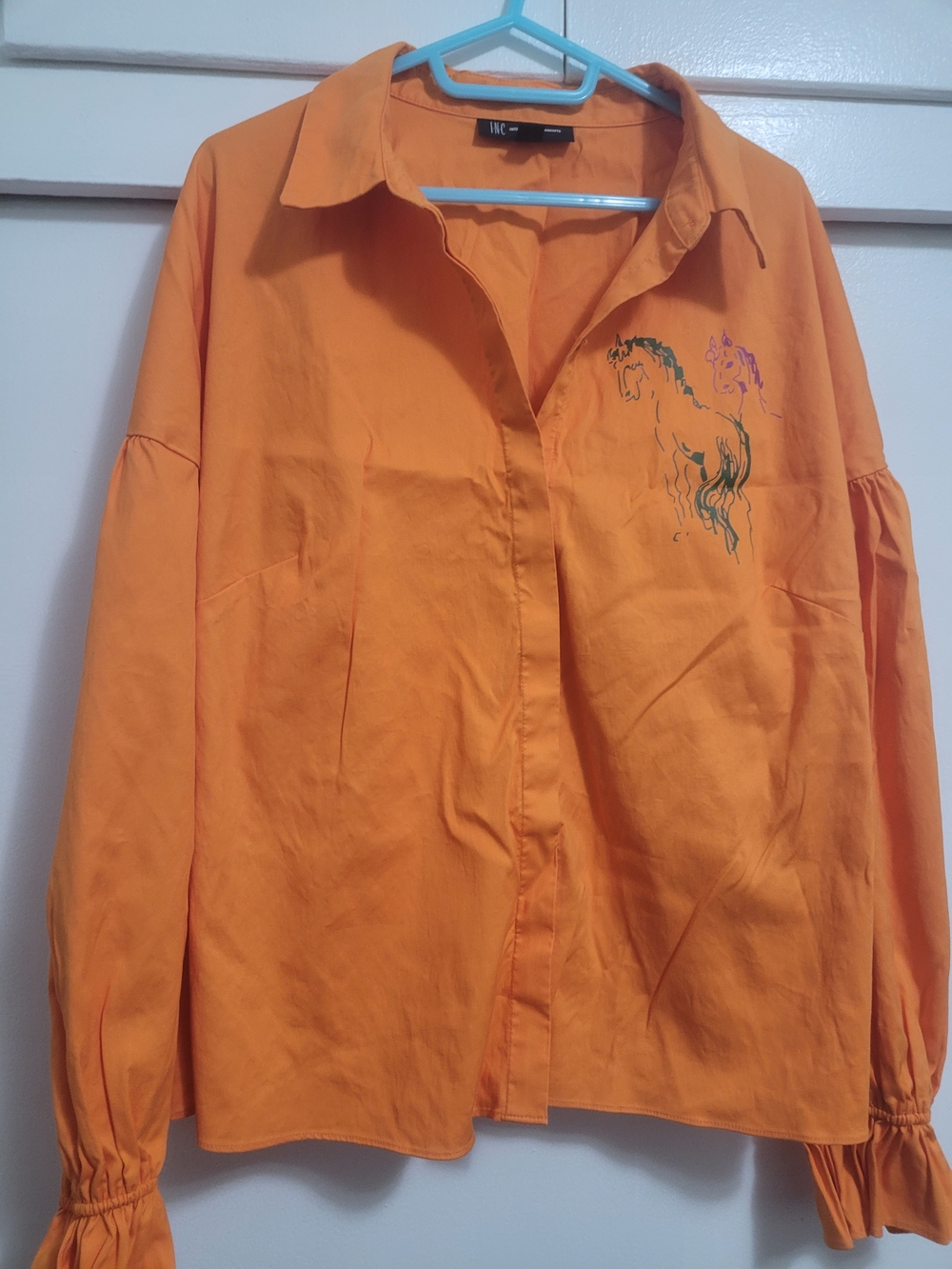 Orange Button-Up Shirt with Horse Painting Print